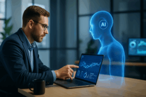 A professional collaborating with an AI assistant on a digital interface – symbolizing human and AI teamwork in 2025.